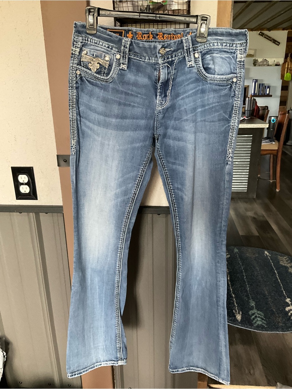 Rock Revival Light Blue Flare Jeans with Embroidered Pockets